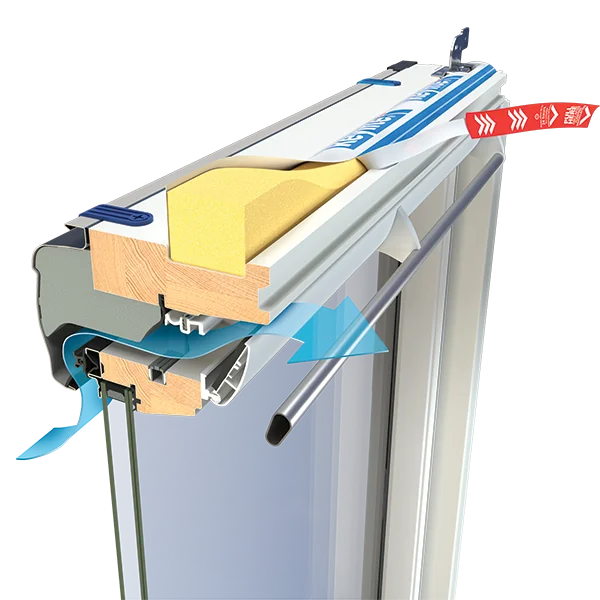 Technische doorsnede van een Keylite dakraam met profiel, beglazing en dakaansluiting.