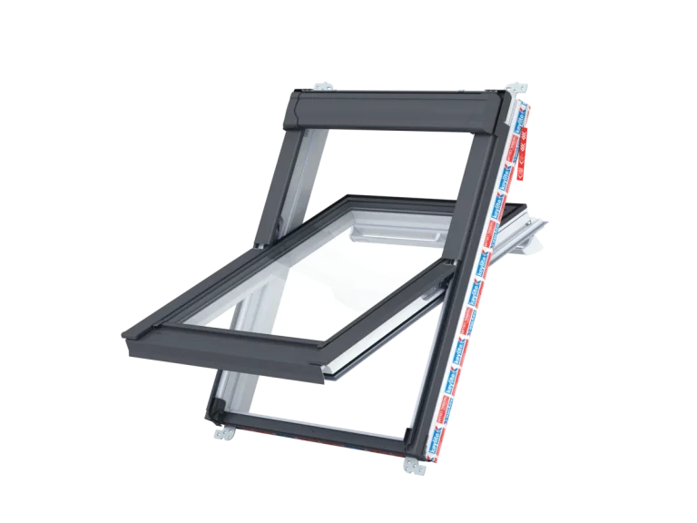 Technische doorsnede van een Keylite dakraam met profiel, beglazing en dakaansluiting.