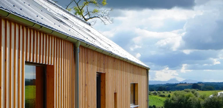 Moderne houten schuurwoning met metalen zadeldak en verticale gevelbekleding onder een bewolkte lucht.
